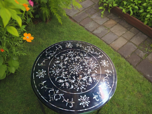 Black Marble Center Table with Mother of Pearl Inlay | Pietra Dura Floral Stone - Picture 4 of 15