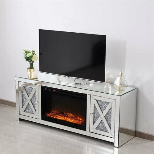 Elegant Decor Modern 59" Clear Silver Mirrored Faux Log Fireplace TV Stand - Picture 8 of 10