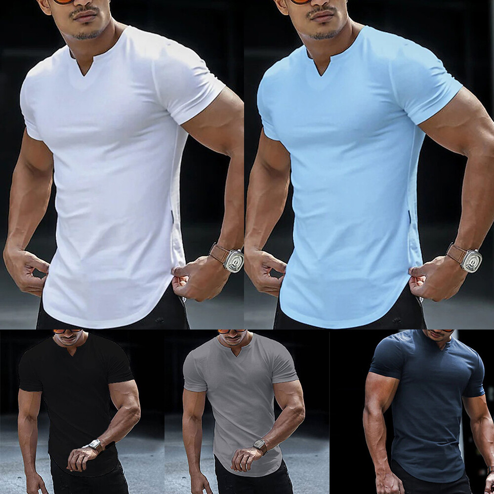 Men's V-Neck Henry T-Shirt Top Short Sleeved Slim Fit Golf