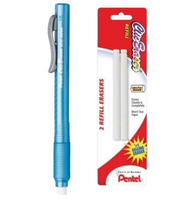 Pentel Clic Eraser Grip Pen Style Retractable Sky Blue w/Refills School Office