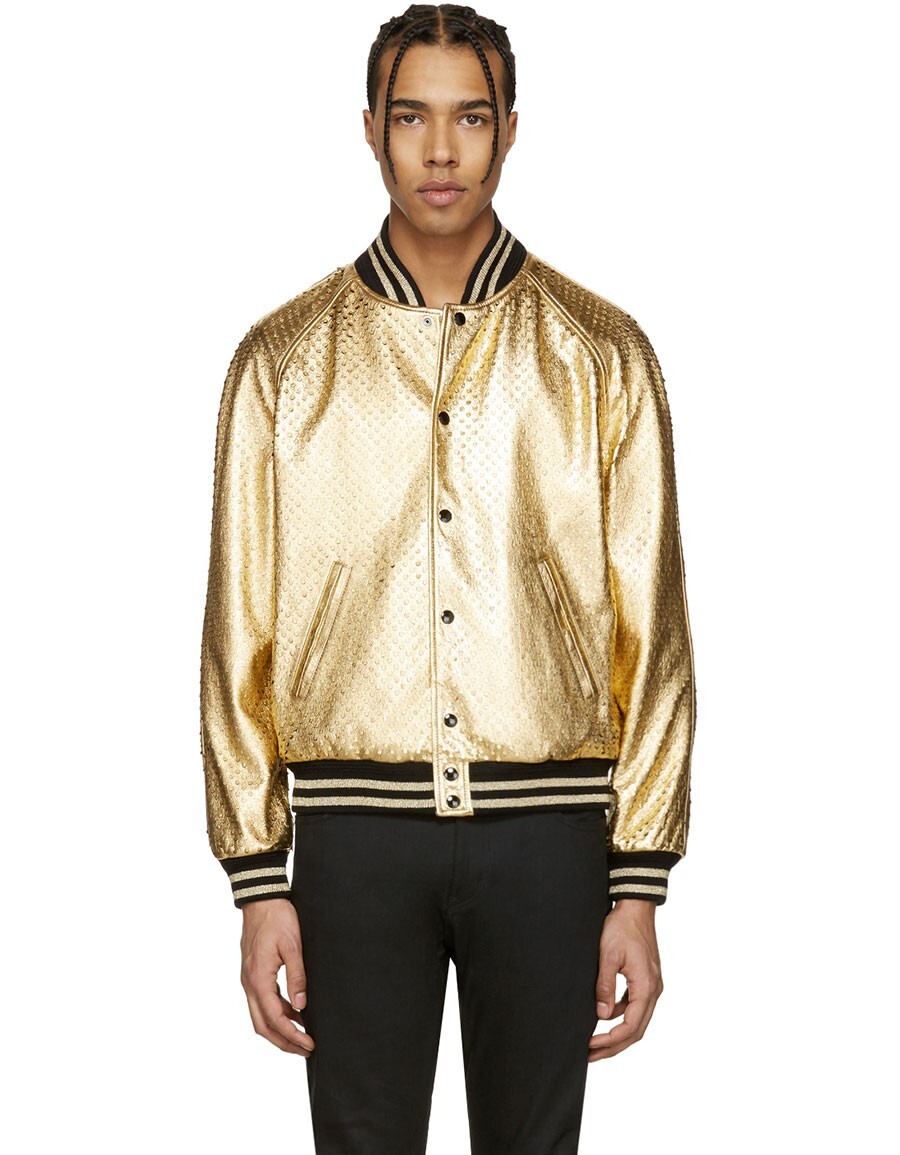 Giacca orsacchiotto Saint Laurent Paris oro forata in pelle taglia 44 (XS) rilassata