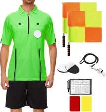 Redgino Pro Soccer Referee Kit - Green XXL - Shirt Shorts Whistle Flags Cards