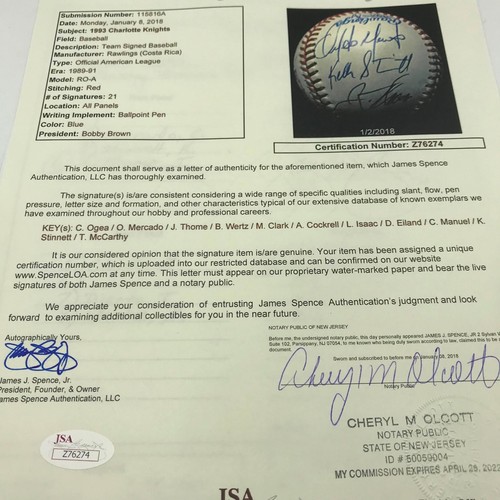 Earliest Known Jim Thome Rookie 1993 Charlotte Knights Team Signed Baseball JSA - Picture 9 of 10