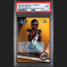 2023 Bowman University Chrome Travis Hunter Auto Gold Refractor /50 #36 PSA 9