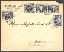 Poland Inflation Cover 5x Same 2000 Mk Eagle Stamp Bielsko to Hungary 1923