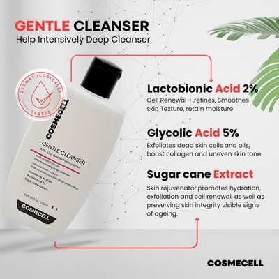 Cosmecell Gentle Facial Cleanser | Glycolic Acid 5% | Mild Exfoliating Face Wash