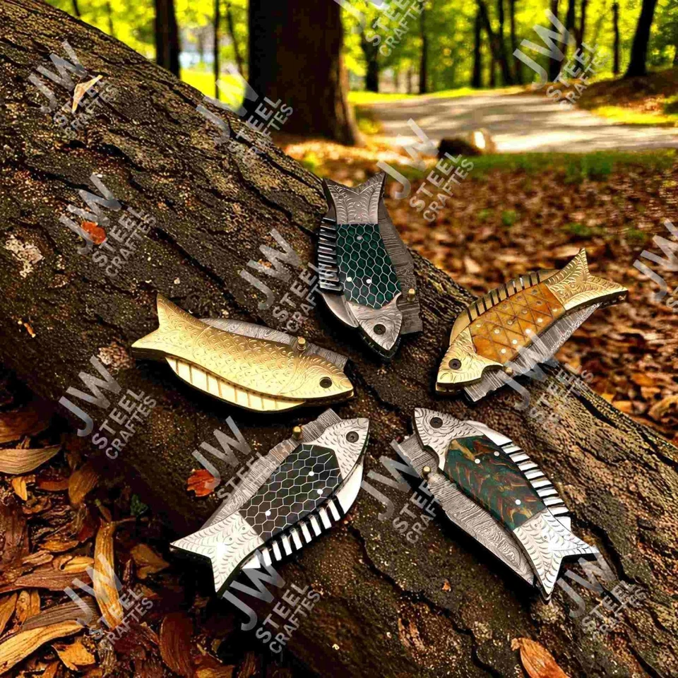Cuchillo Plegable Damasco en Forma de Pez - Regalo Coleccionable Forjado a Mano Foto 3 de 4