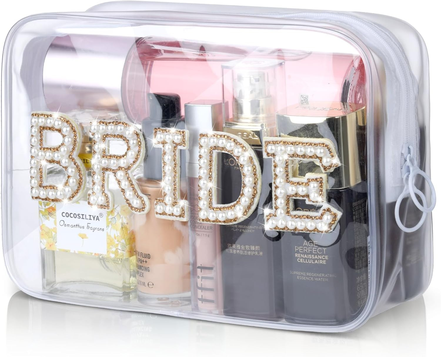 Etercycle Clear Makeup Bag for Bride, Wedding Shower Gift with Gold Accents  