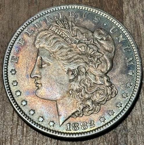 1882 Morgan Silver Dollar Butterfly Toning BU Luster Rainbow Effect