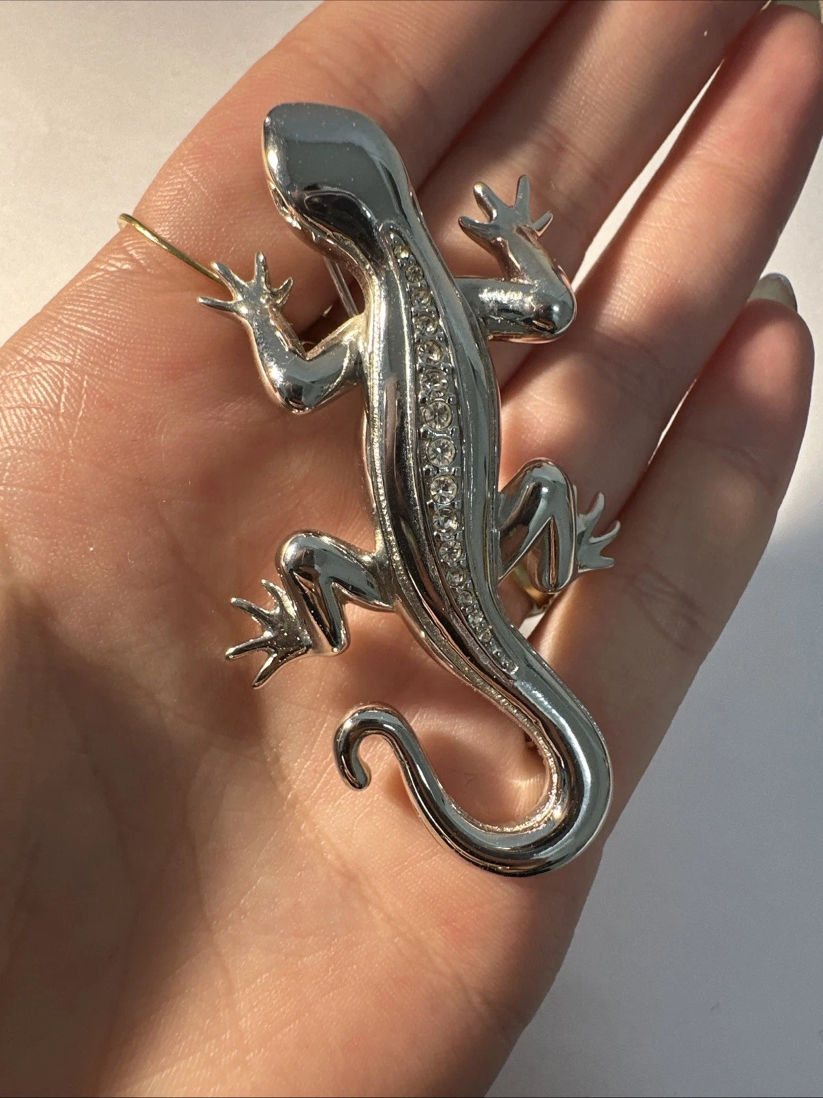 Broche Salamandre Argentée Strass Blanc Bijoux Fantaisie