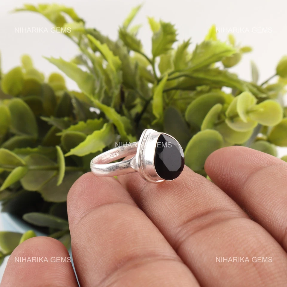 925 Argento Sterling Pera Onice Nera Gemma Fidanzamento Trendy Solitario Anello - Immagine 4 di 4