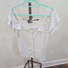 Banana Republic Women  s M White/Blue Striped Square Neck Ruffle Button Blouse