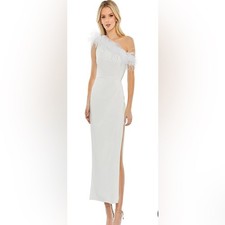 Mac Duggal A68147 One Shoulder Tea Length Dress with Feather Trim