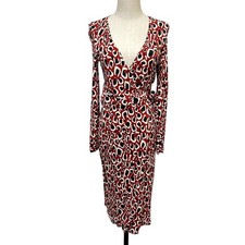 GUCCI Wrap Dress S Red Black Ivory Rayon Knit Animal Print V Neck