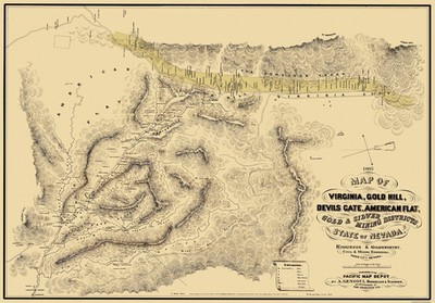 Historic Mine Map - Nevada Gold Silver Mining Districts - Higginson 1865 -