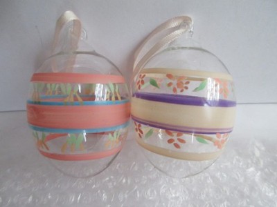 Hand Painted Clear Glass Easter Egg Ornaments Lot of 2 Vintage 1990's