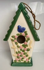 Ceramic Blue Bird and Pink Rose Trellis Hanging Bird House Collectible Figure