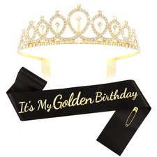 It's My Golden Birthday Sash and Crown Tiara -Black Satin with Gold Foil Birt...