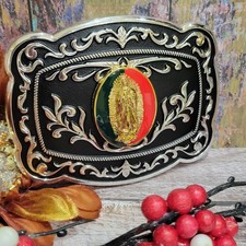 Guadalupe Virgin Mary Belt Buckle Western Style Vaquera Con Virgen Black Silver