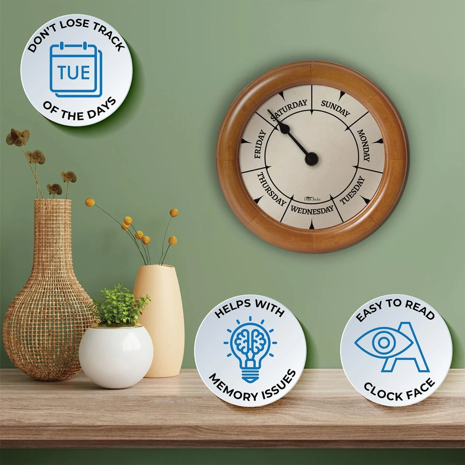 Day of The Week Wall Clock with Solid Wood Frame – Calendar Day Clock – Great... - Image 2 of 4