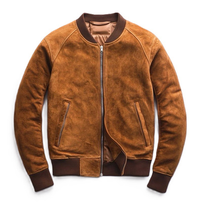 Men s Classic Real Suede Bomber Jacket Tan Brown Pure Suede Leather Biker Jacket