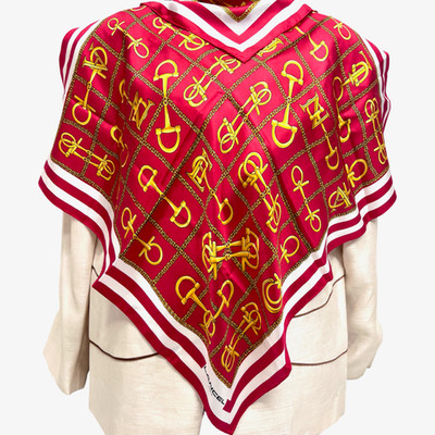 New Unused Lancel Paris 100% Silk Satin Scarf 23'' red white gold chain  (77