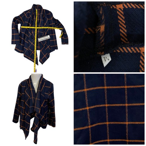 Blazer Cardigan Womens Medium Blue Waterfall Plaid Fleece Work Office Casual - Picture 7 of 10