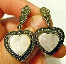 BOMA Vintage 1980s Sterling Silver Drop Dangle Heart Earrings MOP and Marcasite