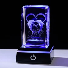 3D Engraved Dolphins Crystal Cube with LED Colorful Lighting Touch Base, Gift