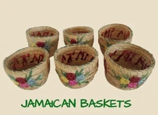6 Handmade Jamaican Straw Baskets Woven Jamaican Raffia Baskets with Flowers