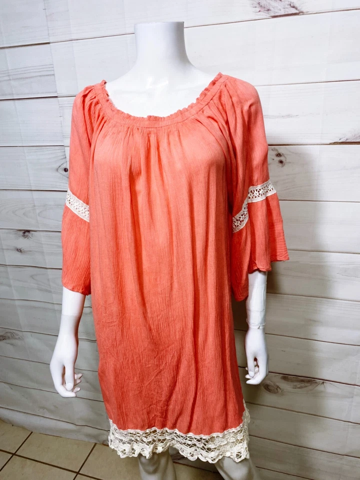 Vestido feminino Flying Tomato tamanho 1X rosa gola redonda renda manga sino gola elástica - Imagem 3 de 4