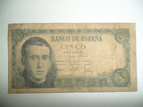 SPAIN 5 PESETAS BANKNOTE 1951 SPL