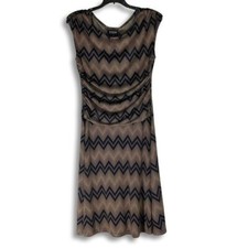 En Focus Retro Geometric A-Line Dress Women 8 Fit Flare Black Tan Zig Zag Office