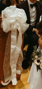 8 White wedding bows custom with pearl pattern; wedding decorations, church pew