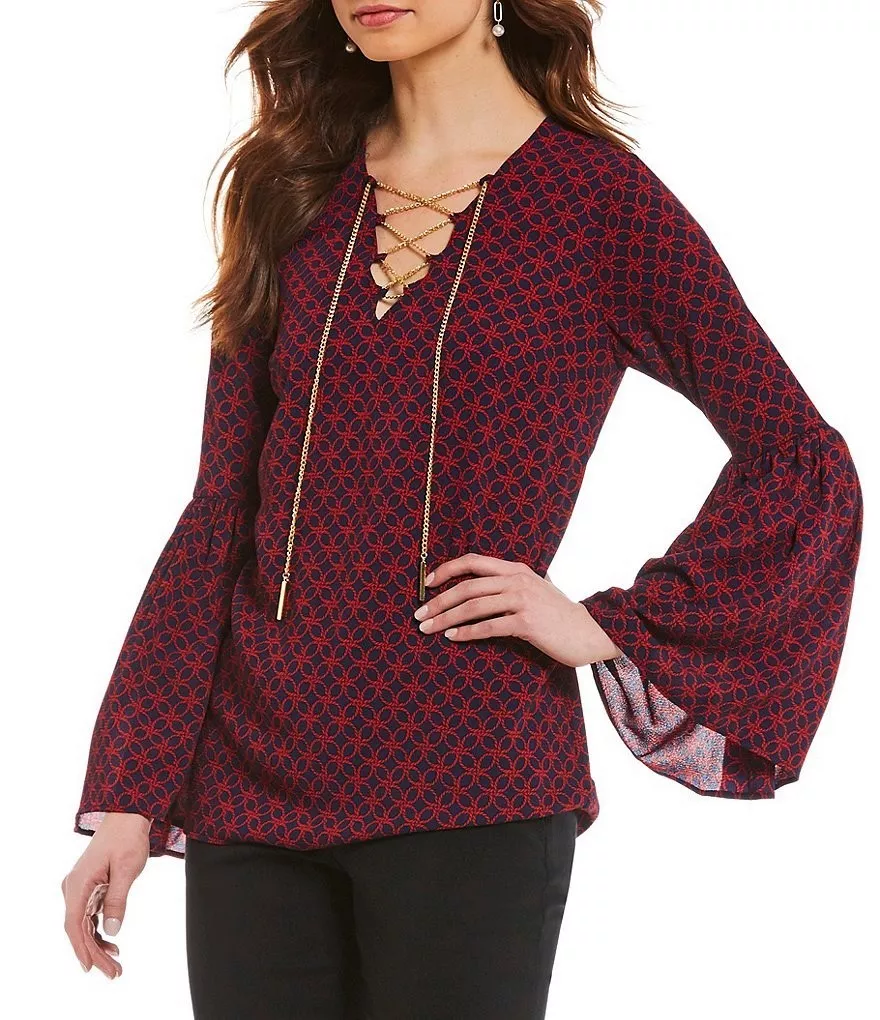 NWT 110 MICHAEL KORS Rope Print Chain Lace Bell Sleeve Top Navy Red SMALL