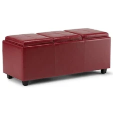 Simpli Home Avalon 42" W Rectangle Storage Ottoman in Red Faux Leather