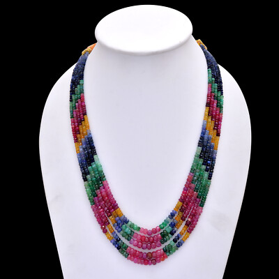  RUBY,EMERALD,SAPPHIRE Faceted ROUNDELLE Multi-Color NECKLACE 5 LINE 17-20'' Inch