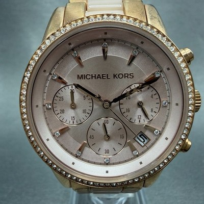 Michael Kors Ritz chronograph Watch Women 37mm Pink Dial Rose Gold Tone New Batt