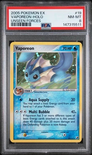 2005 POKEMON EX UNSEEN FORCES #19 VAPOREON-HOLO PSA 8