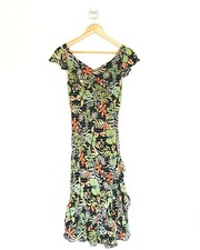 Jaeger Silk Dress Size 10 Womens Black Multi Tropical Floral Ruffle Wrap Midi