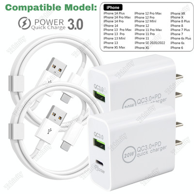 USB Type C 20W Power Adapter Fast Charger Cable For iPhone 14 13 12 11 8 7 6 Lot