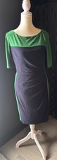 Women’s Small Sheath Dress Navy Blue Green Color Block Jersey Knit Short Sleeve