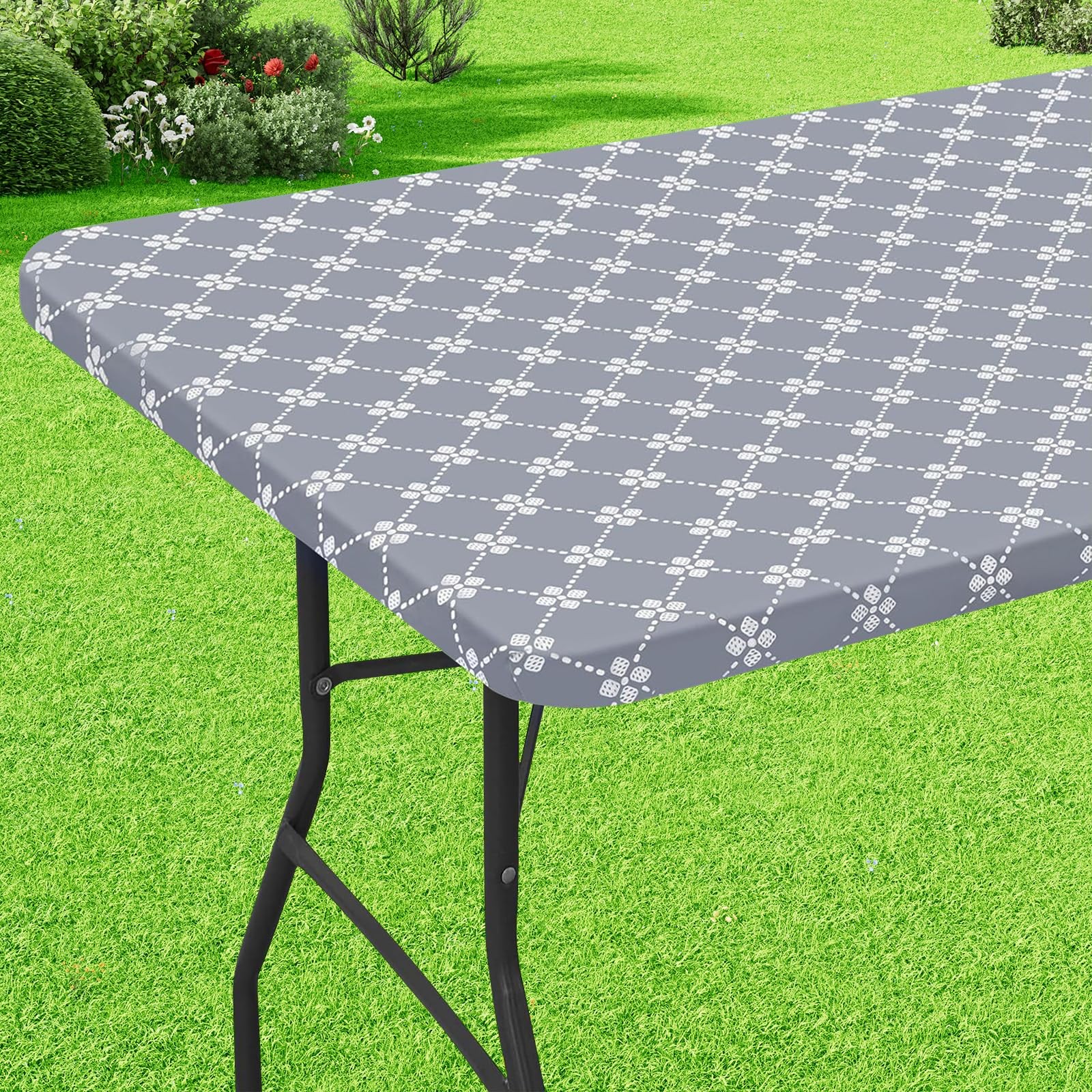 Rectangle Vinyl Table Cloth, Elastic Fitted Tablecloth with 