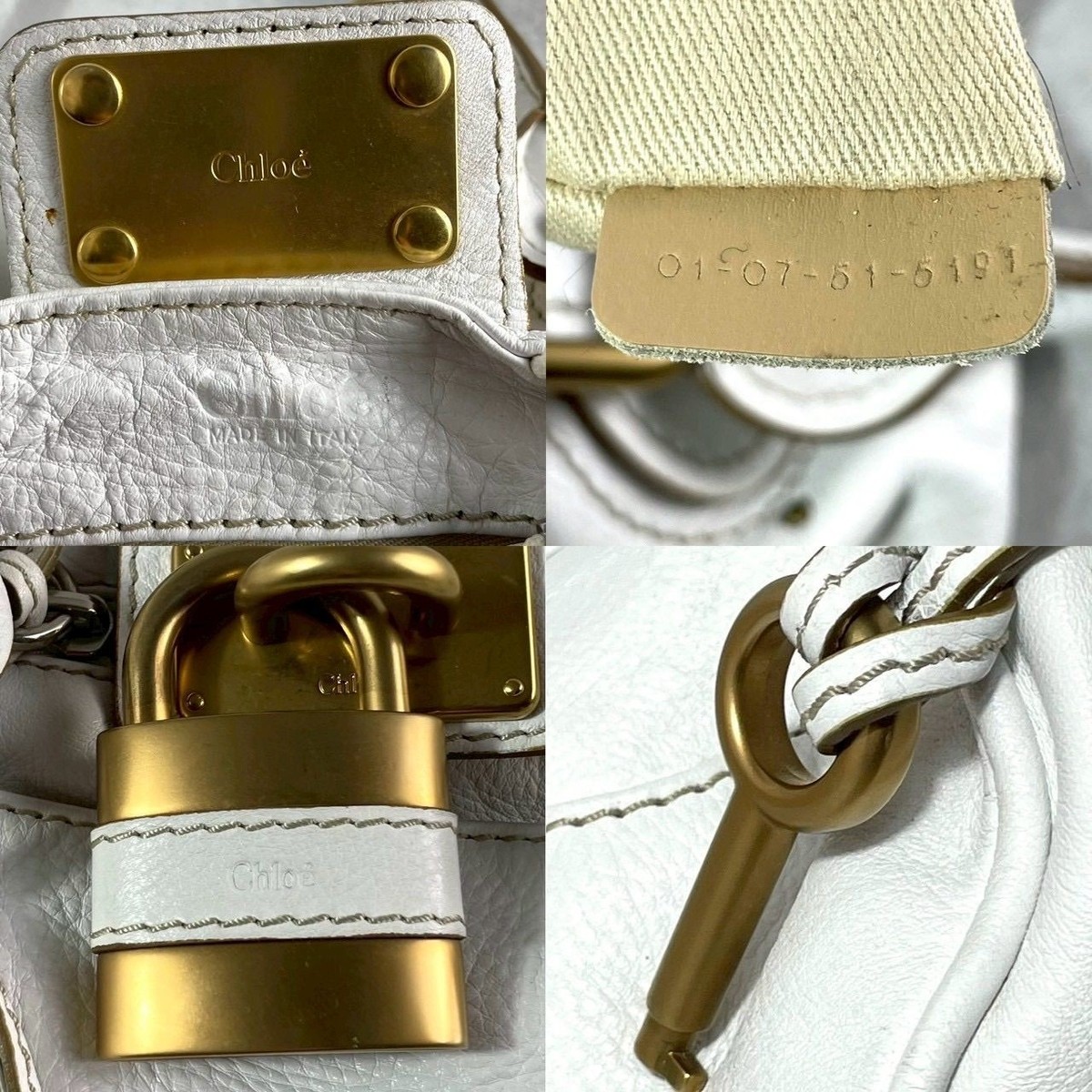 Chloe Paddington White Leather Handbag Tote Padlock Key Gold
