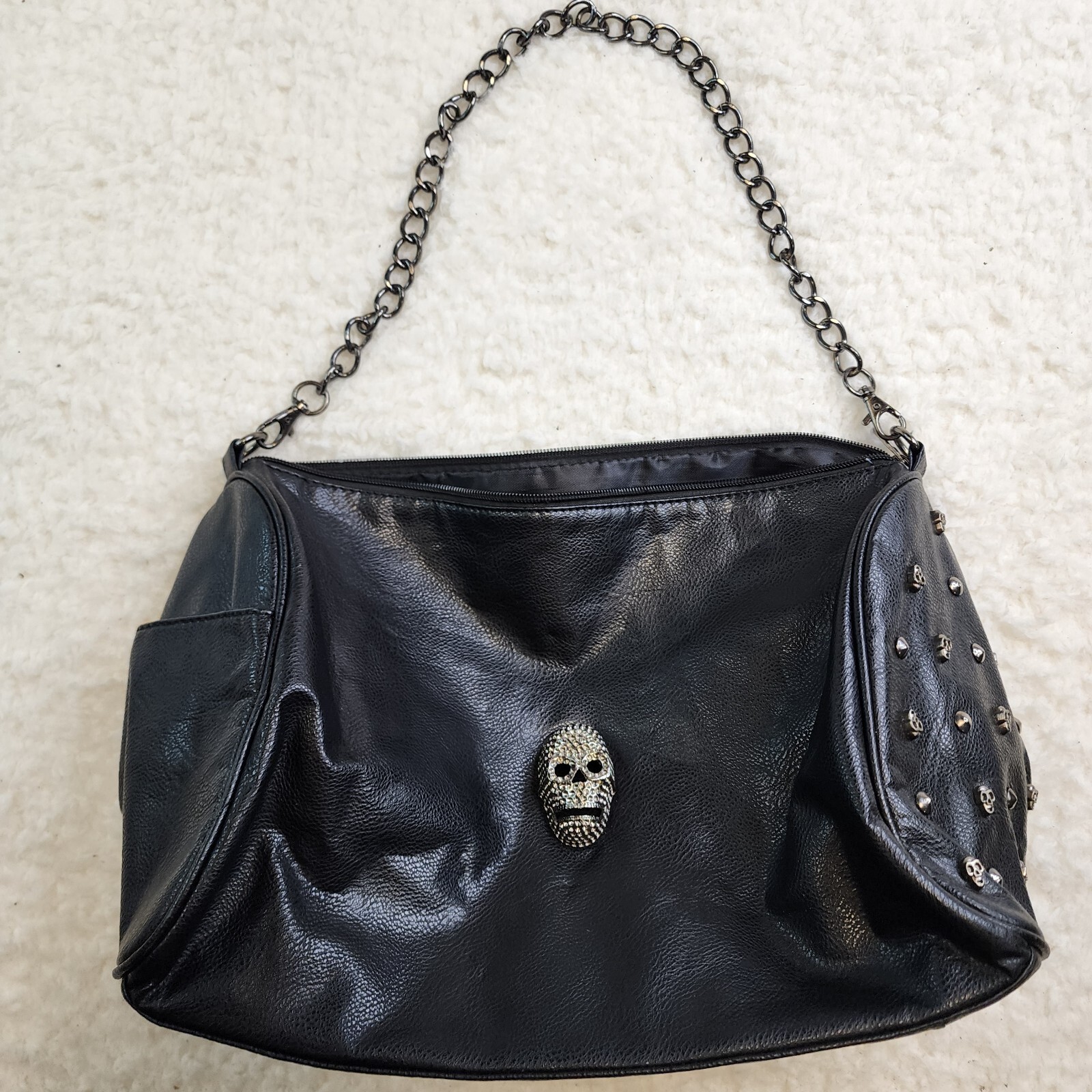 Black Leather Skull Studded Biker Handbag with Chain Shoulder Strap-image