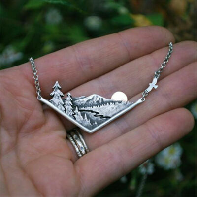 MOUNTAIN NATURE TREE SUN MOON pendant 24'' 925 Sterling Silver Necklace women