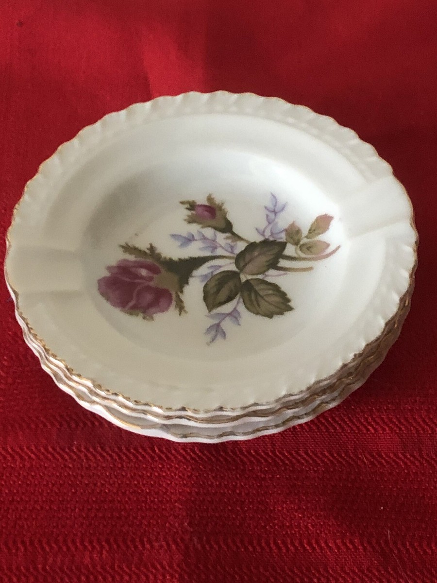 VTG SET 3 MINI PORCELAIN ASHTRAYS FLORAL RED ROSE One Minor Chip