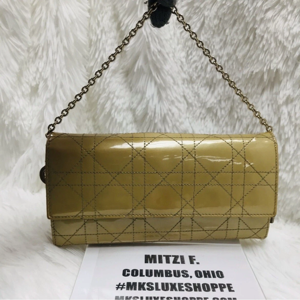Portefeuille femme Christian Dior cuir verni Dior sur chaîne beige/jaune/crème