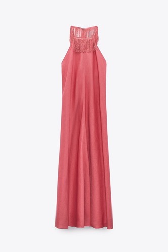 LTD EDIT ZARA Linen Coral Pink Shrimp Tie Neck Fringe A-Line Maxi Dress Size S - Picture 4 of 11