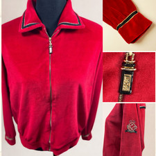 Vintage ST JOHN SPORT M Red Velour Zip Jacket Crest USA Gold Trim Luxe